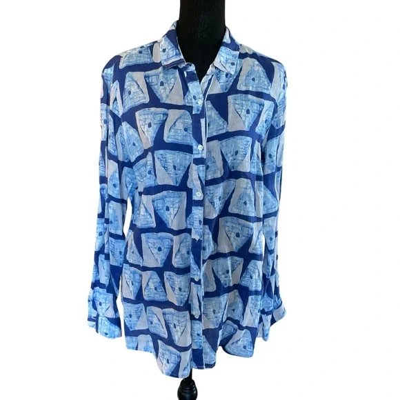 J. McLaughlin 100% Linen Blue Abstract Print Button Front Shirt Size L - Picture 2 of 8